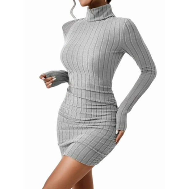 Vestido Tipo Suéter de Punto Acanalado para Mujer, de Larga, Fruncido, Ajustado, con Cuello Alto y Cintura Alta Gris L