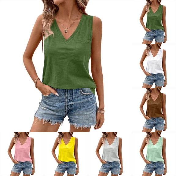Women's Summer Solid Color Sleeveless Shirts Casual V Neck Tank Tops Tunic Casual Basic Shirts True Classic Tees Cute Trendy Clothes Summer Loose Fit Clothes Womens Tops 2026 Army Green L