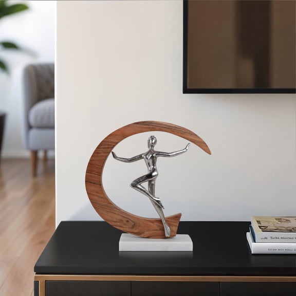 Modern Metal & Wood Dancer Sculpture - Metallic Abstract Art with Stone Base - Elegant Home Decor Figurine for Living Room, Office & Bedroom Accent Display - 14" Silver