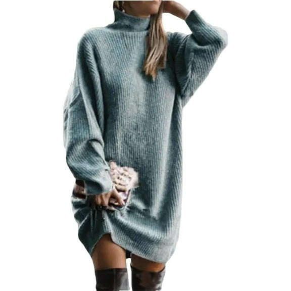 Women Autumn Winter Dress Turtleneck Batwing Long Sleeves Ribbed Warm Sweater Dress Ladies Knitted Midi Dress