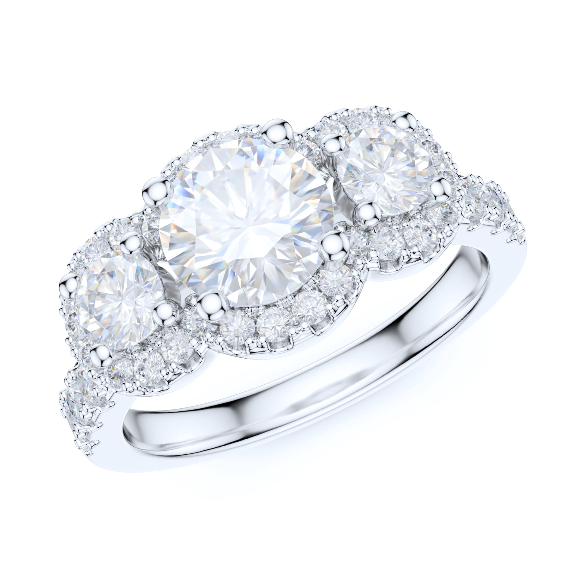 Sterling Silver Three Stones 1CT Simulated Round Brilliant Cut Diamond Halo Engagement Ring Wedding Promise Ring (6)