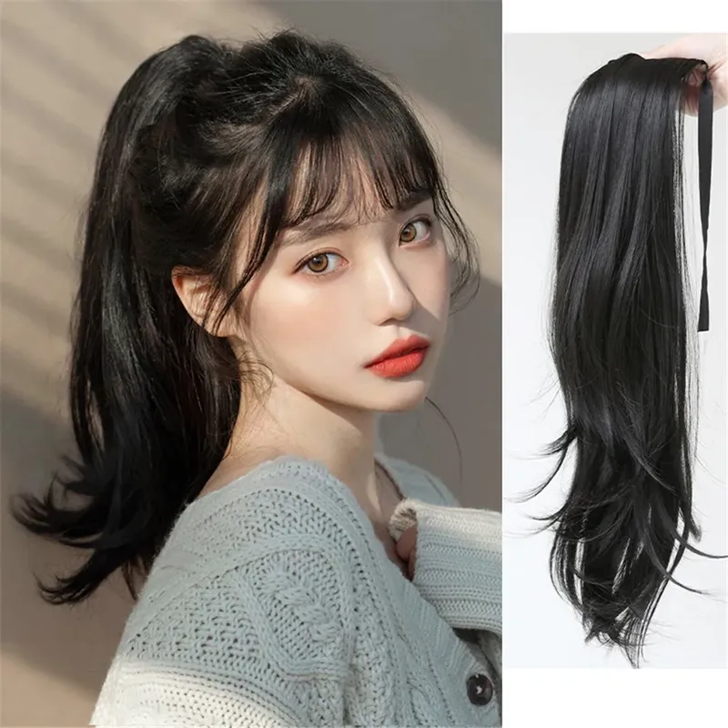 45cm Woman Wig Synthetic Natural Long Straight Ponytail Bandage Type Wig Hair Tail Curly Wig Piece Hair Extensions