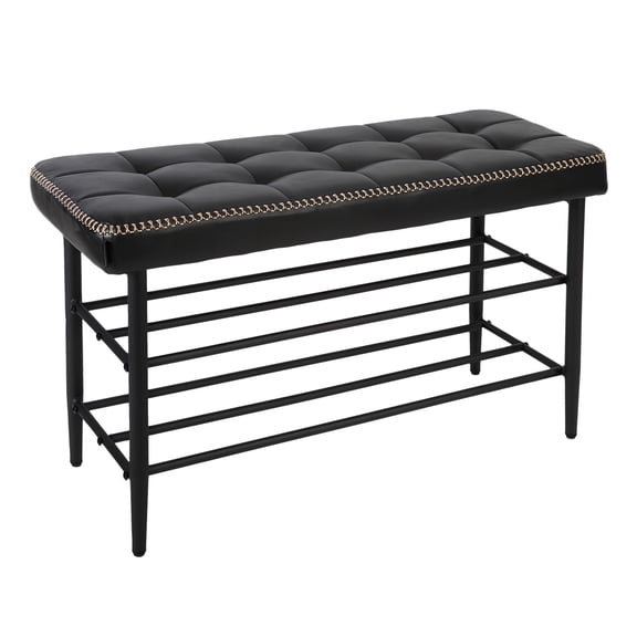 Black Tufted Storage Bench with Metal Frame – Faux Leather Upholstered Entryway Bench with Shoe Rack, Gold Nailhead Trim, 48" L
