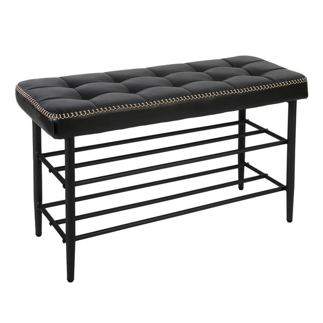 Garvee Shoe Rack Bench, Mid-Century Modern Storage Bench for Entryway, Crafted in Waxy Leather with Stitching Detail, 300 Lb Load Capacity, Waxy Black Finish