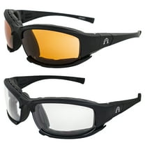 Alpha Omega 3 Motorcycle Sunglasses Foam Padded Riding Safety Glasses Z87.1 Convertible to Goggles for Men or Women 2 Pair Black Frame Glasses w/Amber & Photochromic Clear to Smoke Lenses
