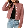 thumbnail image 4 of DeHolifer Women's Denim Jacket Collarless Solid Color Button Down Cropped Length Casual Jean Jacket Pink L, 4 of 7