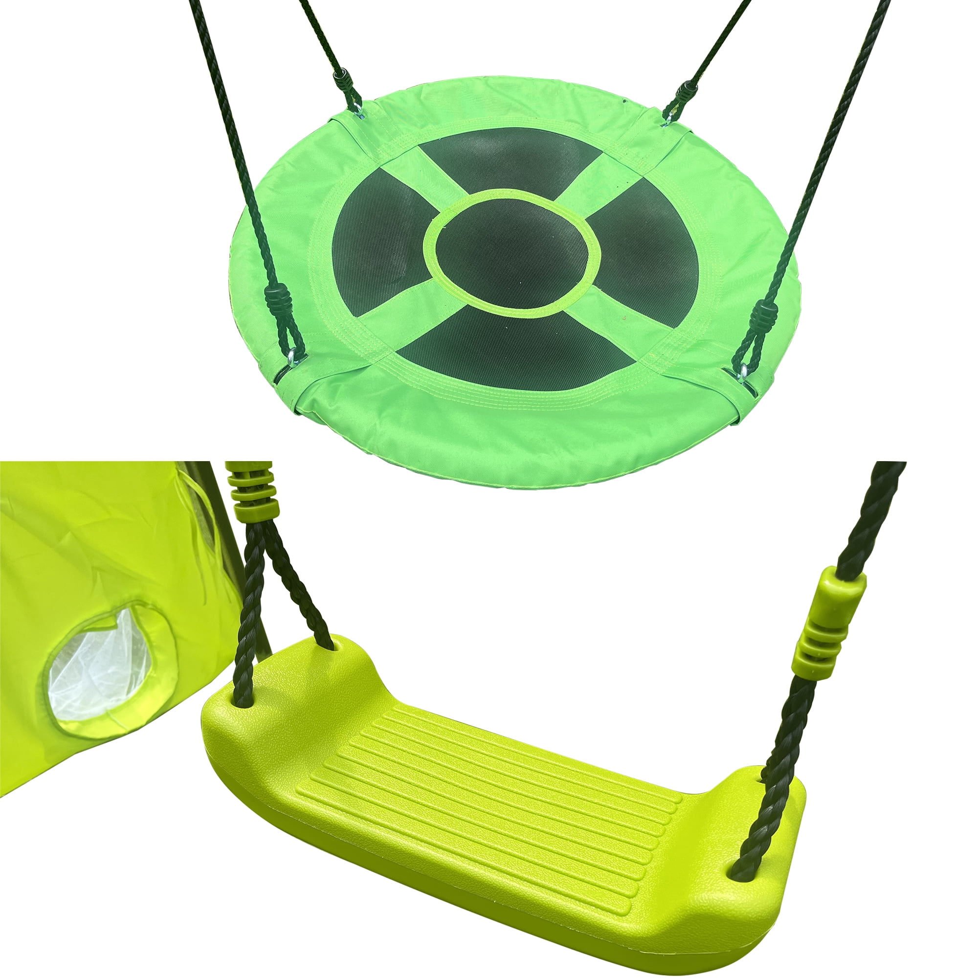 iRerts 6 in 1 Swing Set with Slide, Metal Outdoor Swing Sets for Kids with 2 Swings, Glider, Basketball Hoop, Soccer Goal, Swingset Playset for Kids Boys Girls, Kids Outdoor Swing for Backyard, Green