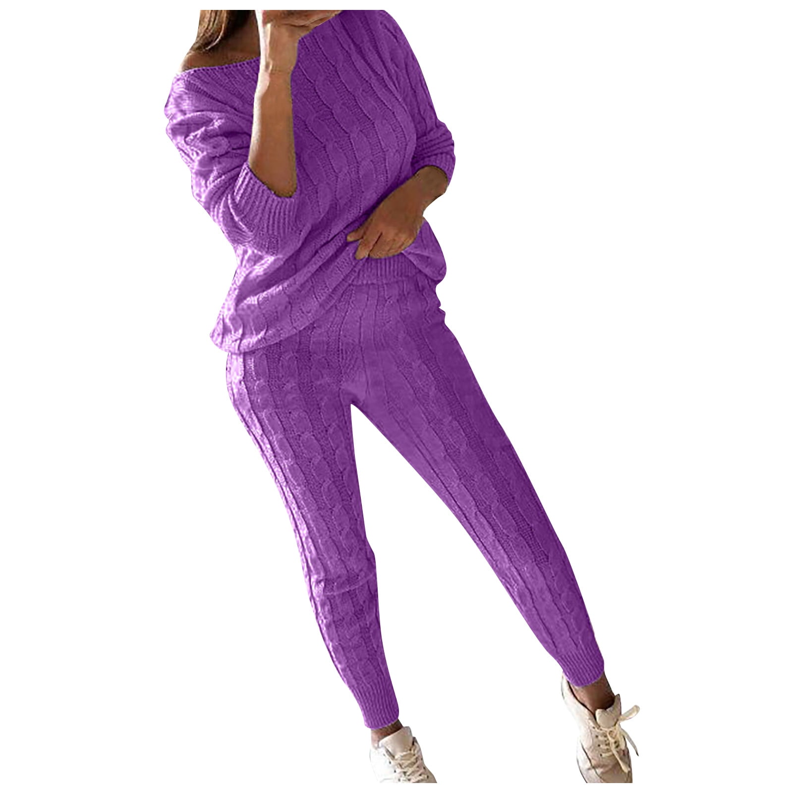 Jovati Womens Loungewear Sets 2 Piece Womens Ladies Solid Round Neck Cable Knitted Warm 2pc Loungewear Suit Sets Purple