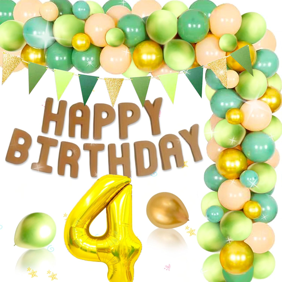 4th Birthday Party Decorations Set - Green Gold Pink Theme Balloon Arch Kit with Happy Birthday Banner