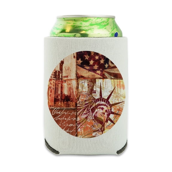 New York City Statue Liberty Tile Collage Can Cooler - Drink Sleeve Hugger Collapsible Insulator - Beverage Insulated Holder