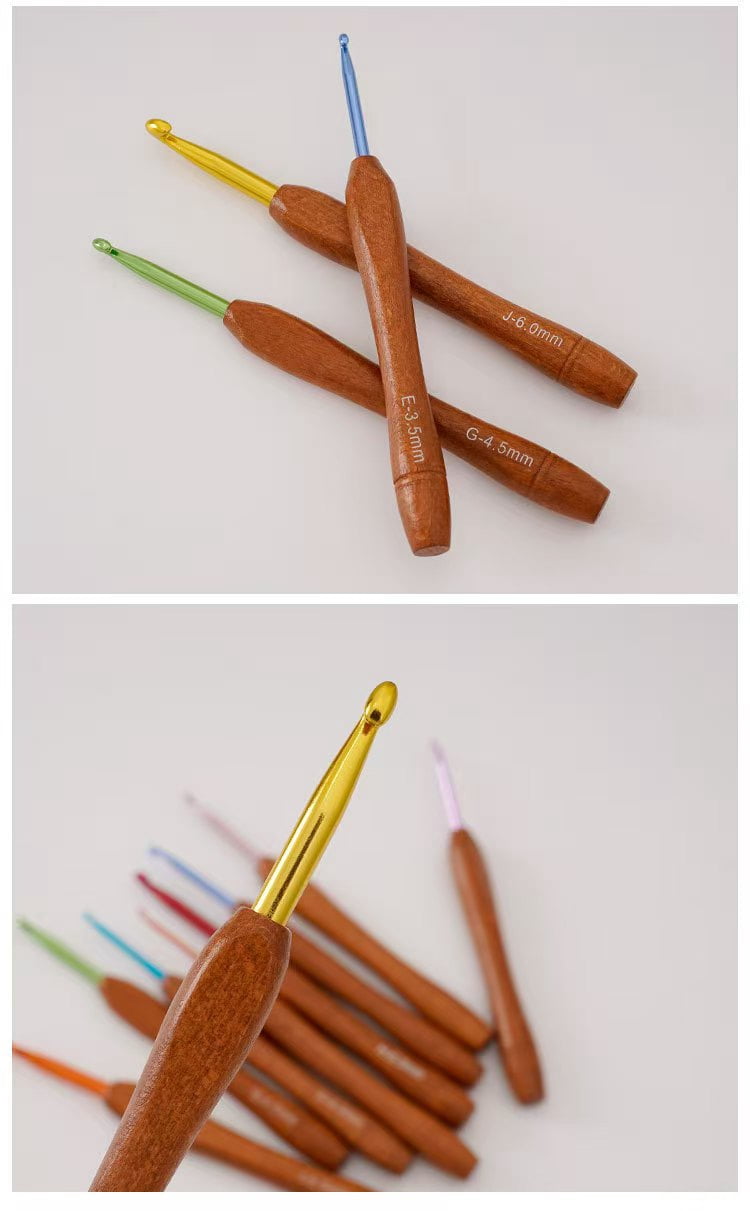 Vruelia Wooden Crochet Hook Set, 9 Piece Bamboo Set Multicolor Aluminum for Yarn 2-6mm