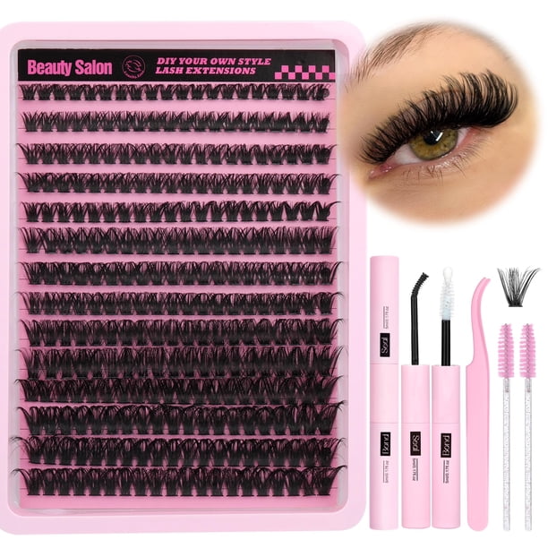 Kit de extensión de pestañas DIY D Curl Fluffy Wispy Lash Clusters Kit de extensión de pestañas individuales con herramienta aplicadora de sellado y unión de pestañas para autoaplicación en casa (80P-