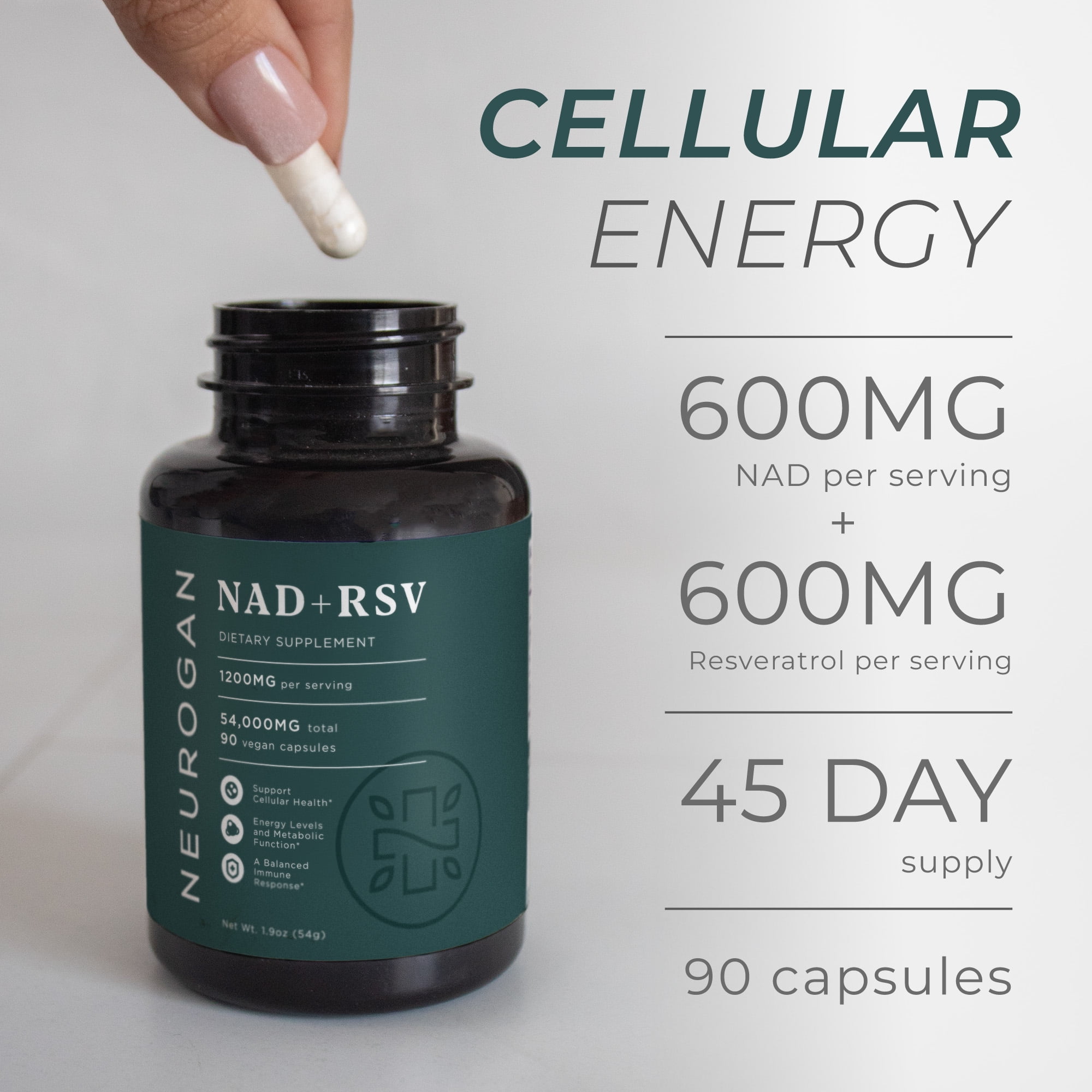 NAD+ with Resveratrol Capsules 1:1 Ratio | Cellular Health, Energy & Immune Function Support, Promotes Healthy Aging | Nicotine Adenine Dinucleotide | 1200mg Per Serving - 90 Count
