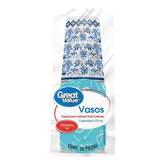 Vaso de papel Great Value Diseño Talavera 16 oz 20 Piezas