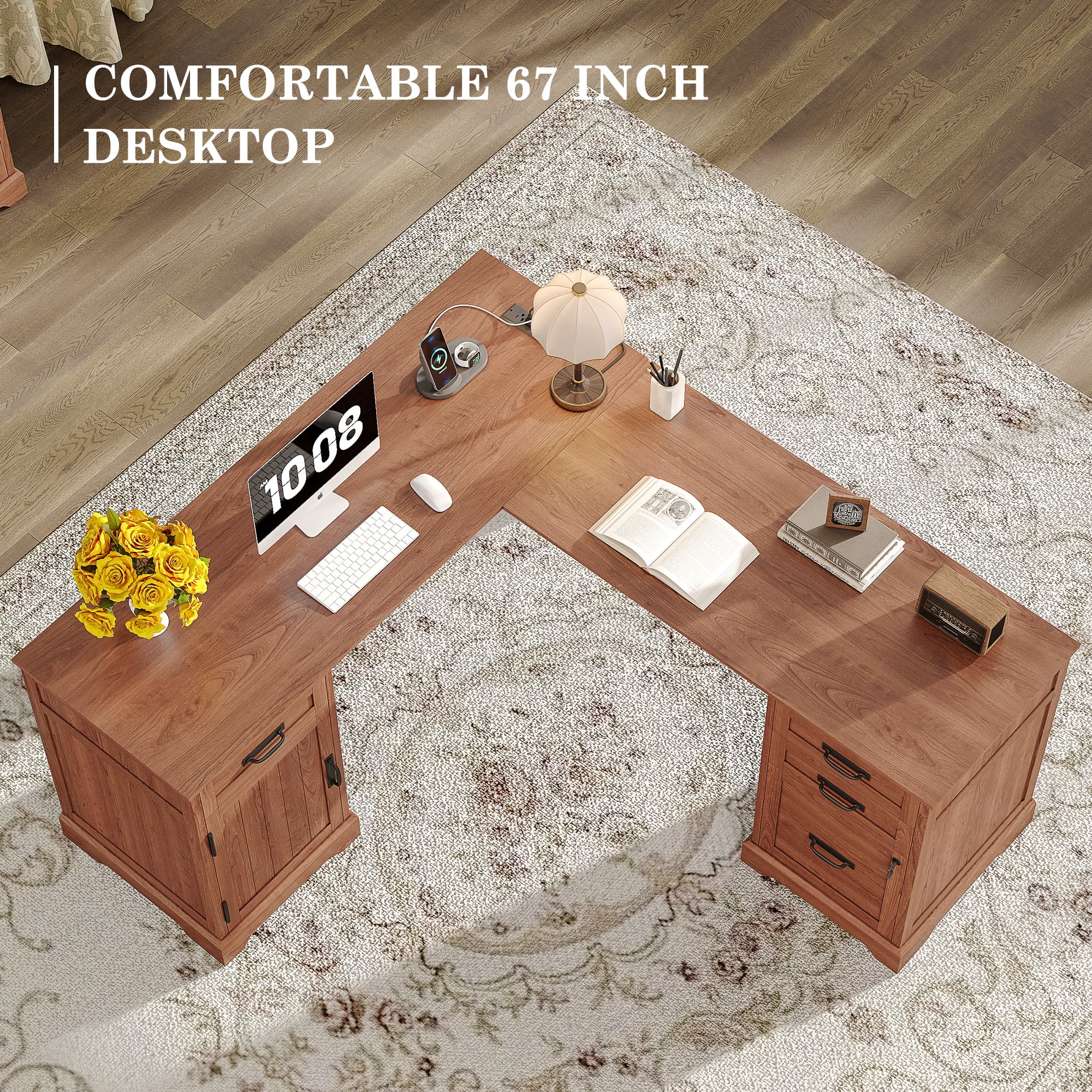 67'' Farmhouse L Shape Desk with File Drawers and Charging Station for Home Office, Cherry Brown
