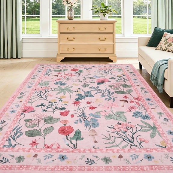 5x7 Washable Floral Area Rug, Non-Slip Low Pile Rug, Stain Resistance Carpet for Living Room, Bedroom, Dining Room, Pink