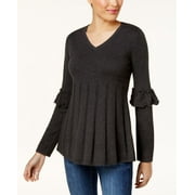 Style & Co Petite Pleated Ruffle Sleeve Sweater Black Heather PS