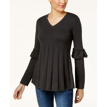 Style & Co Petite Pleated Ruffle Sleeve Sweater Black Heather PS