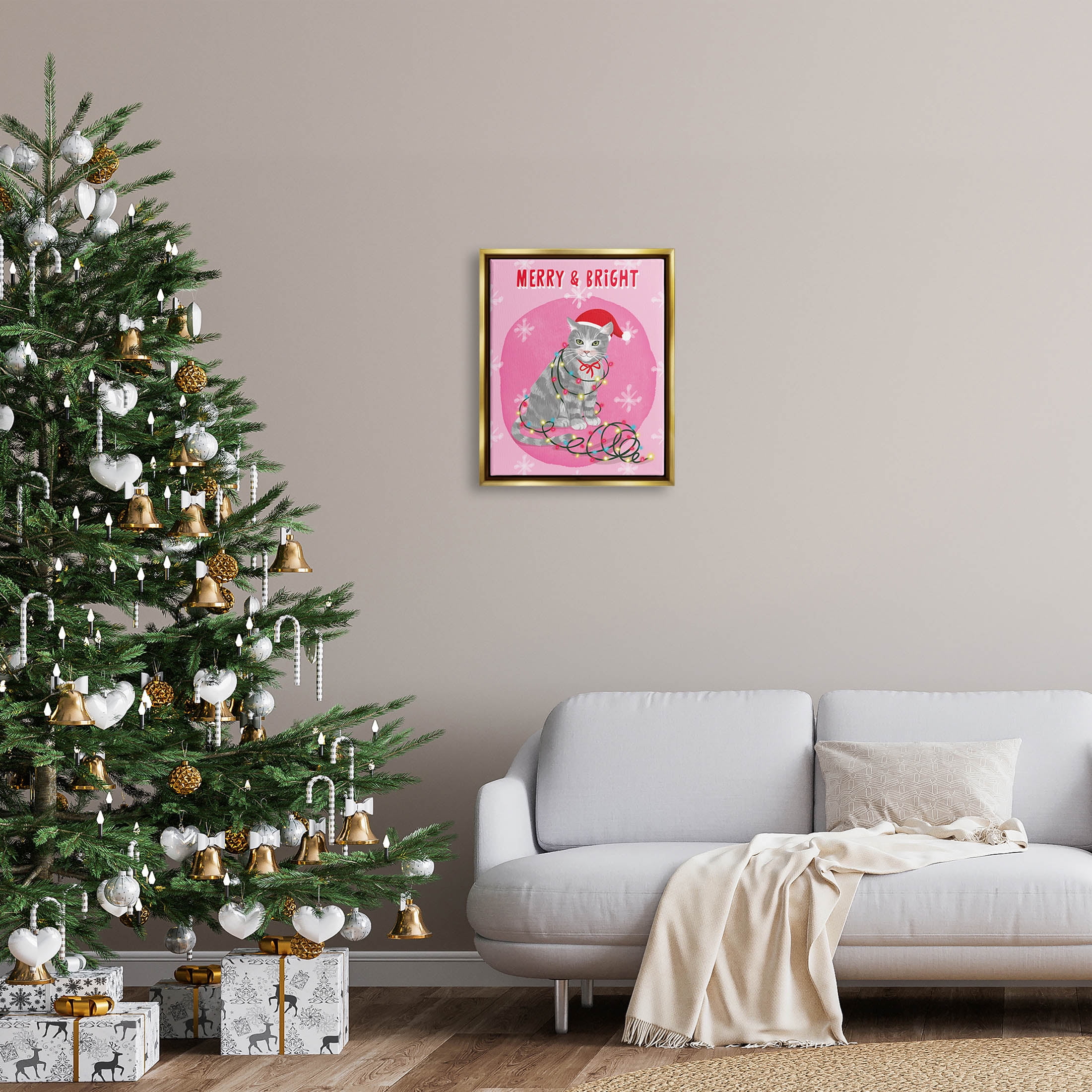 Stupell Industries Merry & Bright Christmas Cat Lights Graphic Art Metallic Gold Floating Framed Canvas Print Wall Art, Design by Be Ni La