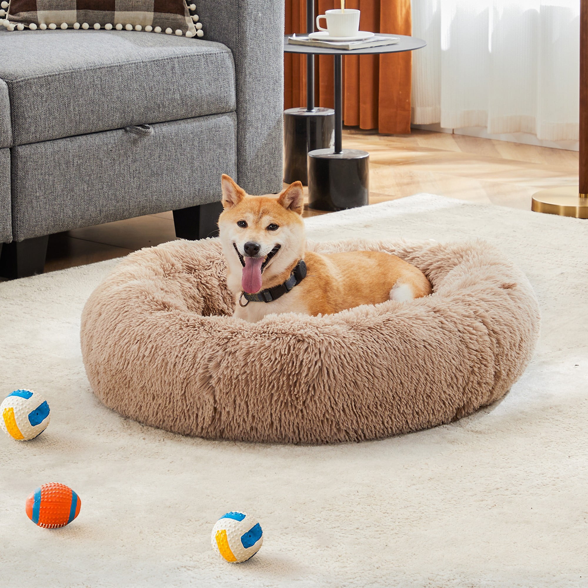 Kadyn 30" Calming Dog Bed Sofa, Anti-Slip Round Fluffy Plush Pet Cat Bed, Anti-Anxiety Donut Cuddler Warming Cozy Soft Round Cushion Bed for Indoor, Beige