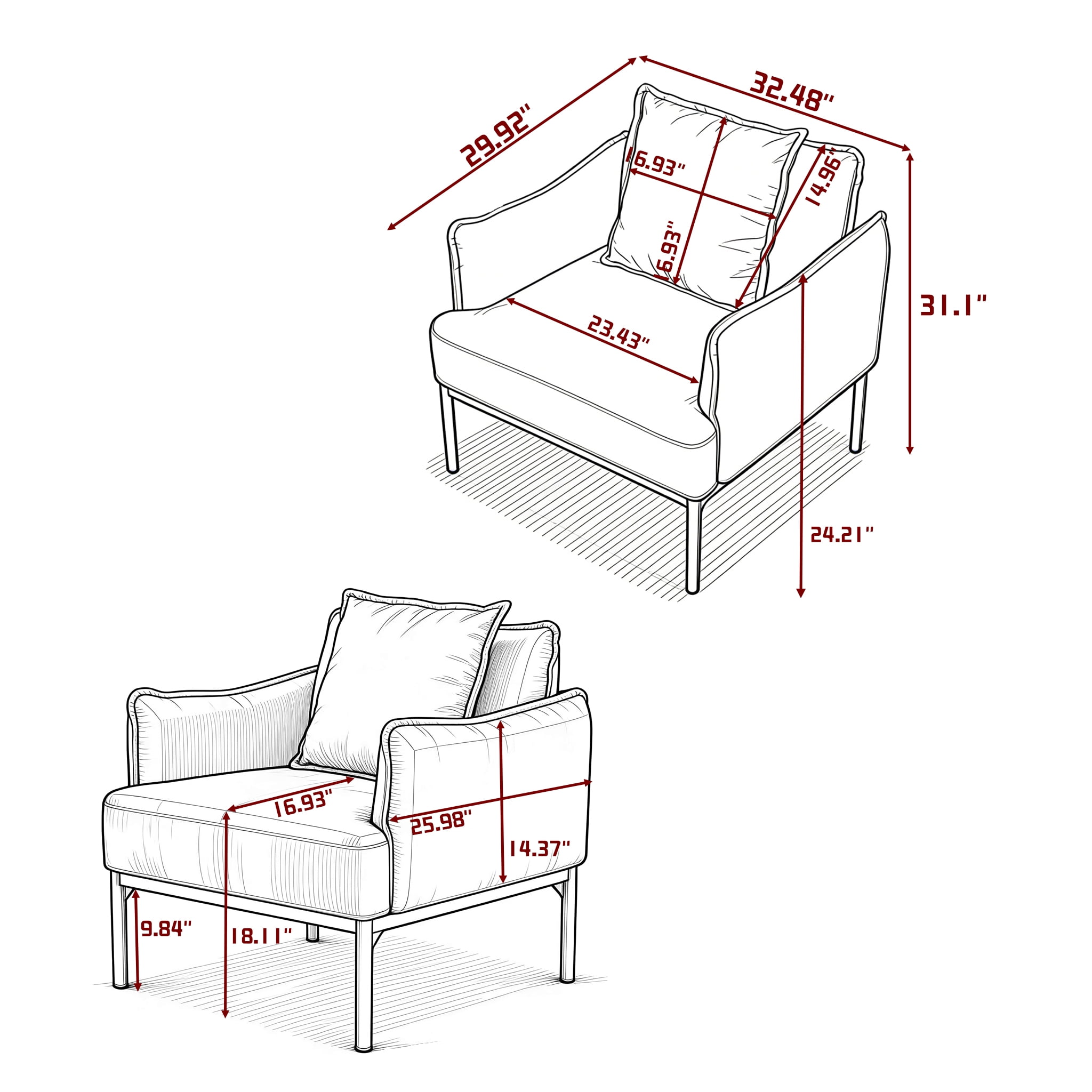 BSHTI 32.48" Modern Accent Chair with Curved Armrest, Upholstered Living Room Chair with Pillow, Solid Wood Frame & Metal Base, Non-Slip, Easy Assembly, Green