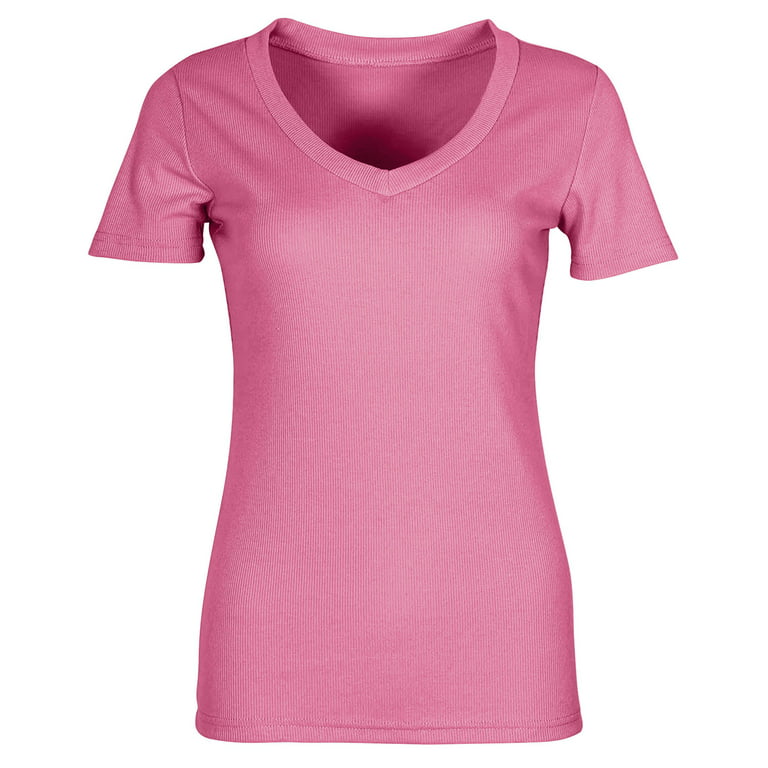 Outfmvch long sleeve shirts for women Tee Shirt Ribbed Fitted Tight Short  Sleeve Shirt Basic Knit womens tops Hot Pink