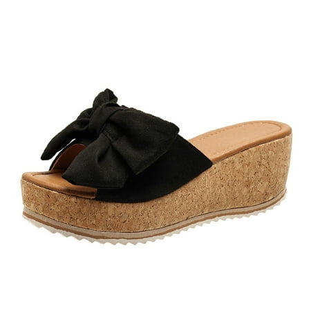 

Women s Cute Slides Lightweight Cloth Bow-Knot Peep Toe Wedge Slip On Flats Sandal for The Beach Black 8.5