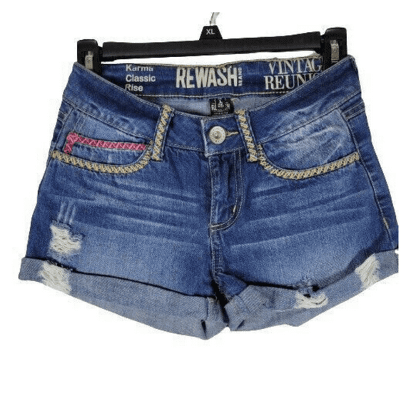Rewash Jean Shorts Karma Classic Rise Embroidered, Blue, Sz 13/31