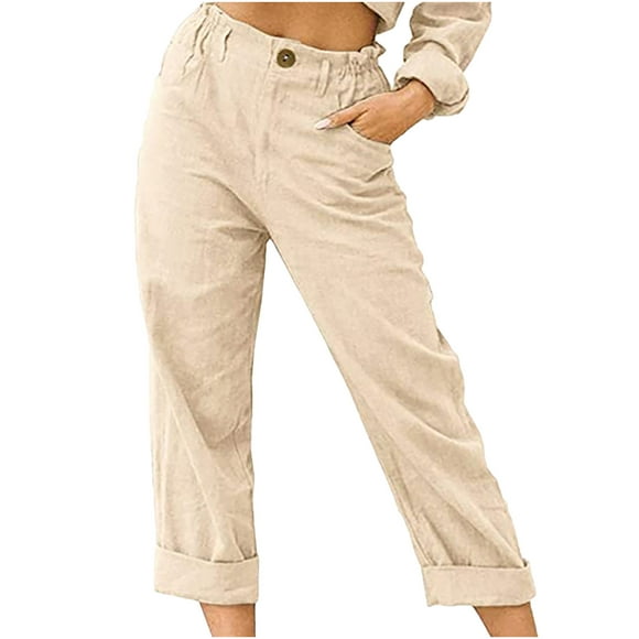 Femmes Coton Lin Pants Casual Comfortable Bouton Élastique Pantalon de Plage en Vrac Droite Jambe Récolte Pants avec Poches