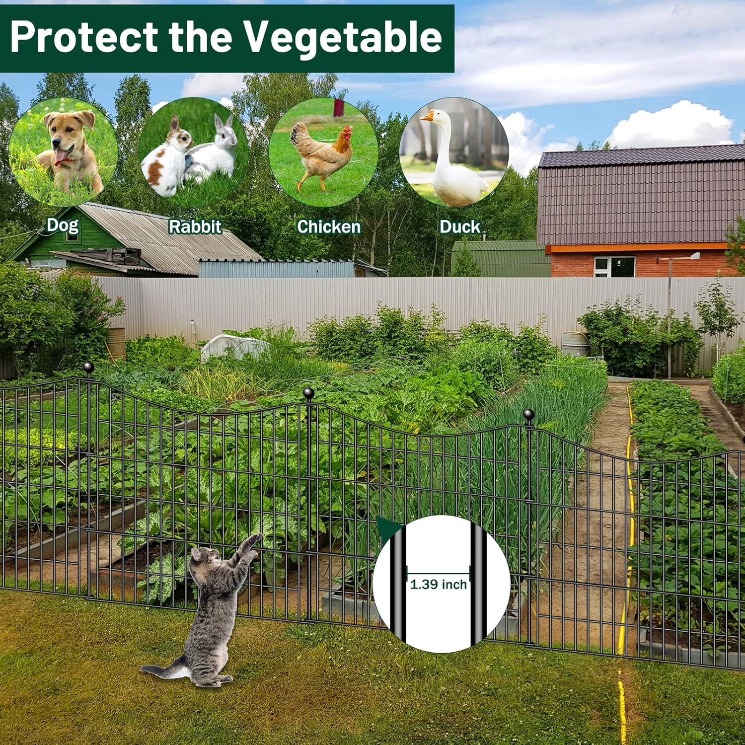 5 Panels Decorative Garden Fence with Gate, 32 in(H) X 12 ft(L) No  Dog Fence Animal Barrier Outdoor for Yard