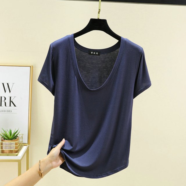 Fiudx Ofertas Flash Del Día Top con Cuello En U de Manga Corta Suelto de Color Sólido Informal y de Moda para Mujer