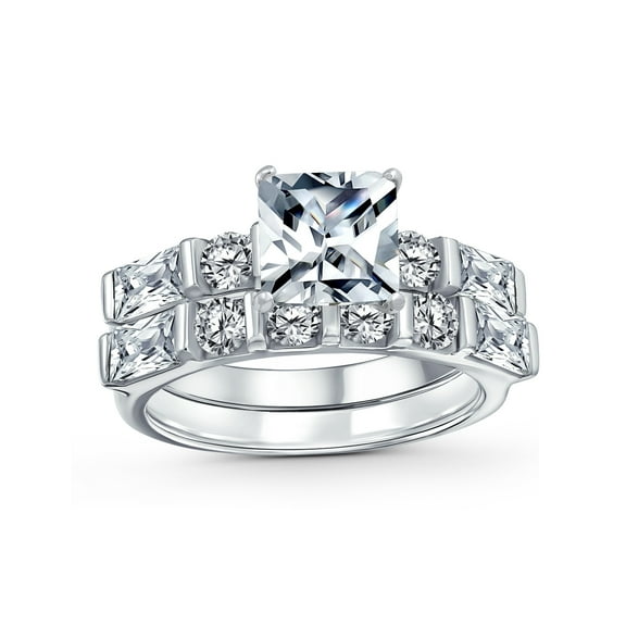 Bling Jewelry Womens Traditional CZ Baguettes Cocktail Statement Ring with 2CT Princess Cut Solitaire
