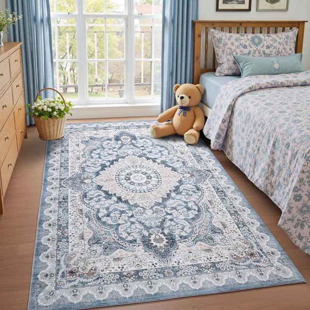 Alfombra Macgace para dormitorio, 3 x 5 pies, lavable a máquina, azul y beige