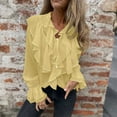 thumbnail image 2 of Lenpel Women's Chiffon Tops Bell Long Sleeve Tie Front Collared Ruffle Trim Layered Button down Shirts Dressy Casual Blouses(Yellow,Medium), 2 of 7