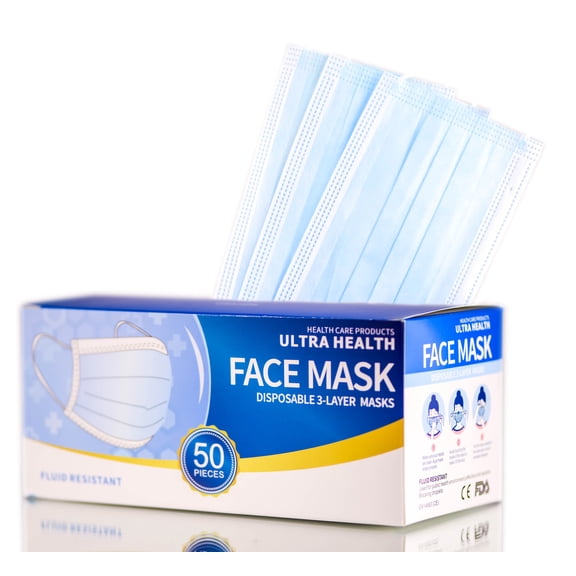 50 PC , Health Care Products ULTRA HEALTH Disposable 3-Layer Face Masks, Fluid Resistant, Daisy Hair Scalp - Pack of 2 w/ Sleek Teasing Comb