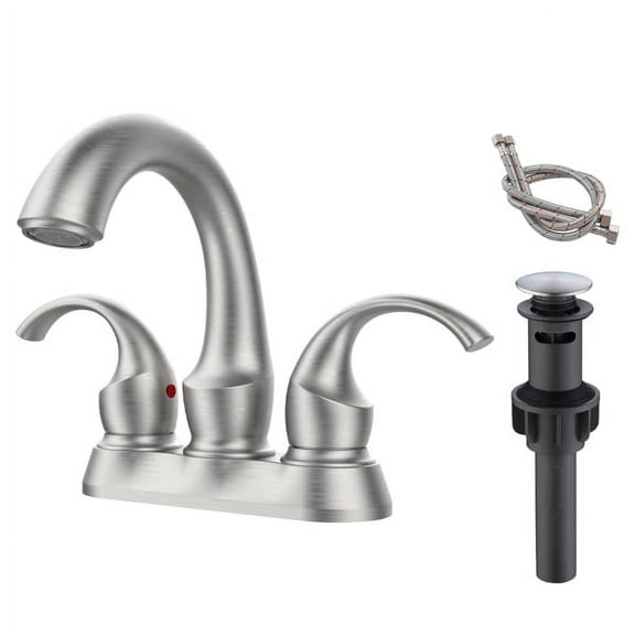 Fithood Bathroom Faucet 2-Handle Brushed Nickel with Aerator, Swan Style 4-inch Centerset Vanity Sink with Pop-Up Drain and Supply Hoses, FR4075-NP