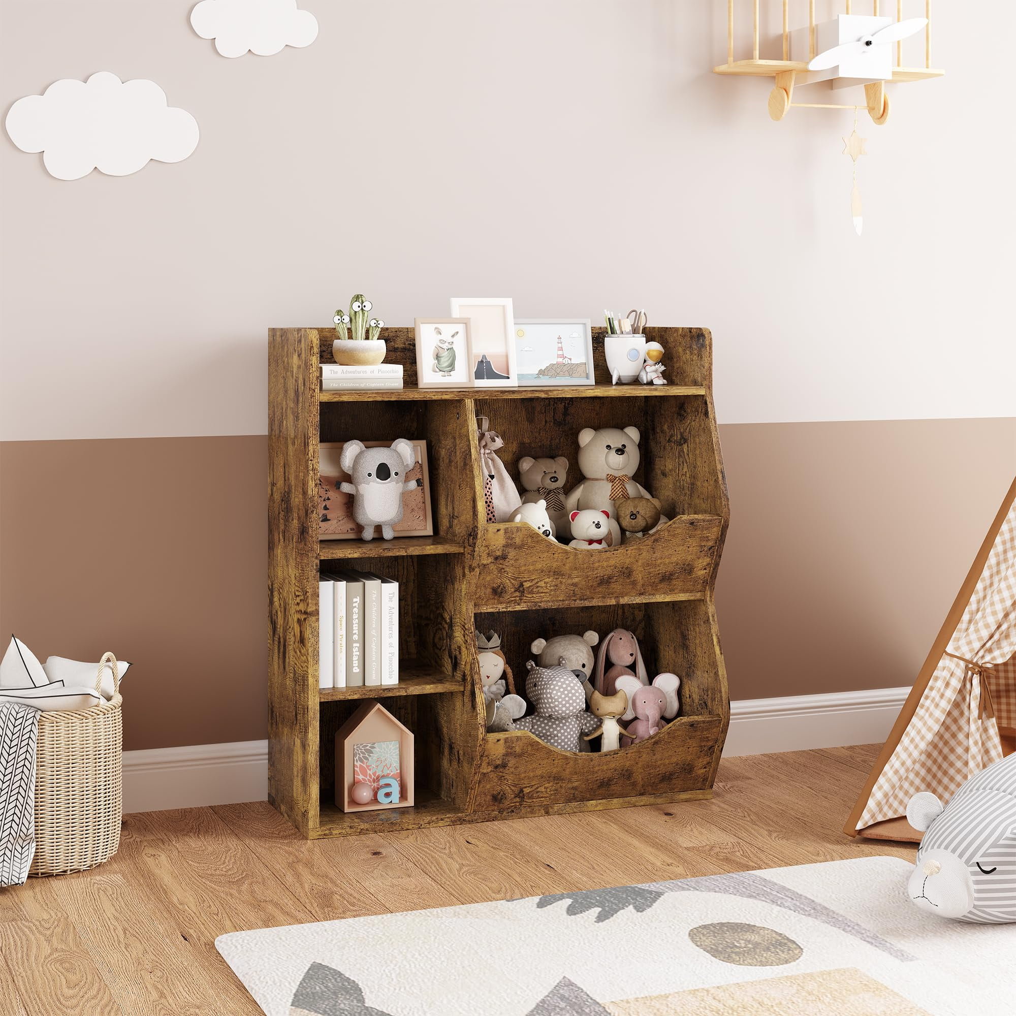 Kids 3-Tier Toy Storage Organizer Kids Bookshelf Double Side Toy Shelf White/Retro/Grey- 5 Compartment Bookshelf & Toy Shelf for Kids' Room, Bedroom, Living Room, and Kindergarten - for Toys and Books