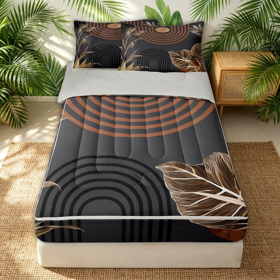 Erosebridal Tropical Leaf Zipper Twin Comforter Sets with Fitted Sheet and 2 Pillowcases for Women Men, Boho Minimalst Line Print Zipper Bedding Set, Gray Reversible, 4pcs