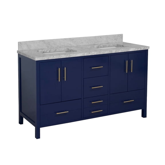 California 60" Double Bathroom Vanity with Royal Blue Cabinet and Carrara Marble Top
