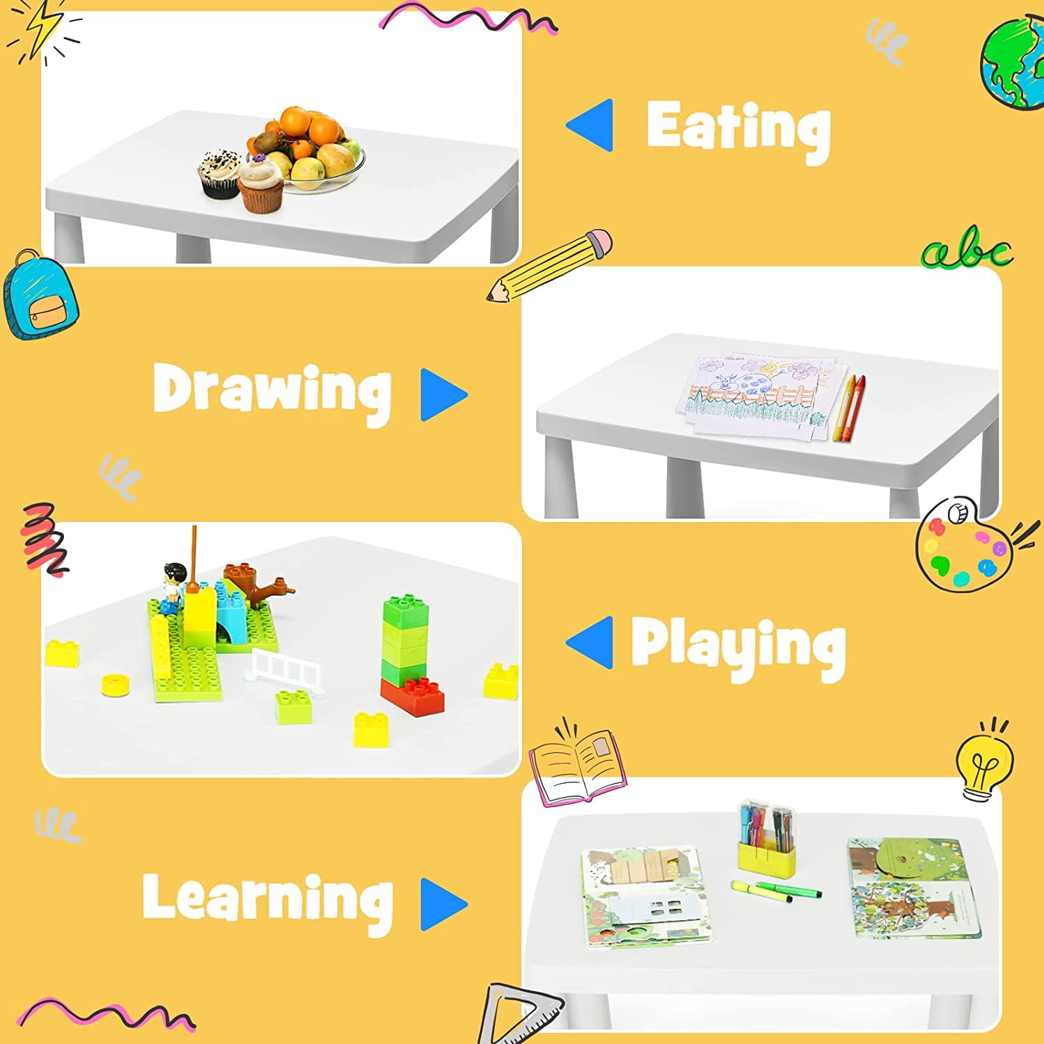 MAT EXPERT Kids Table and Chairs, 3-Piece Kids Furniture Activity Table for Reading, Learning, Eating, Toddler Table and Chair Set for Daycare Kindergarten Playroom, Ideal for Boys & Girls (White)
