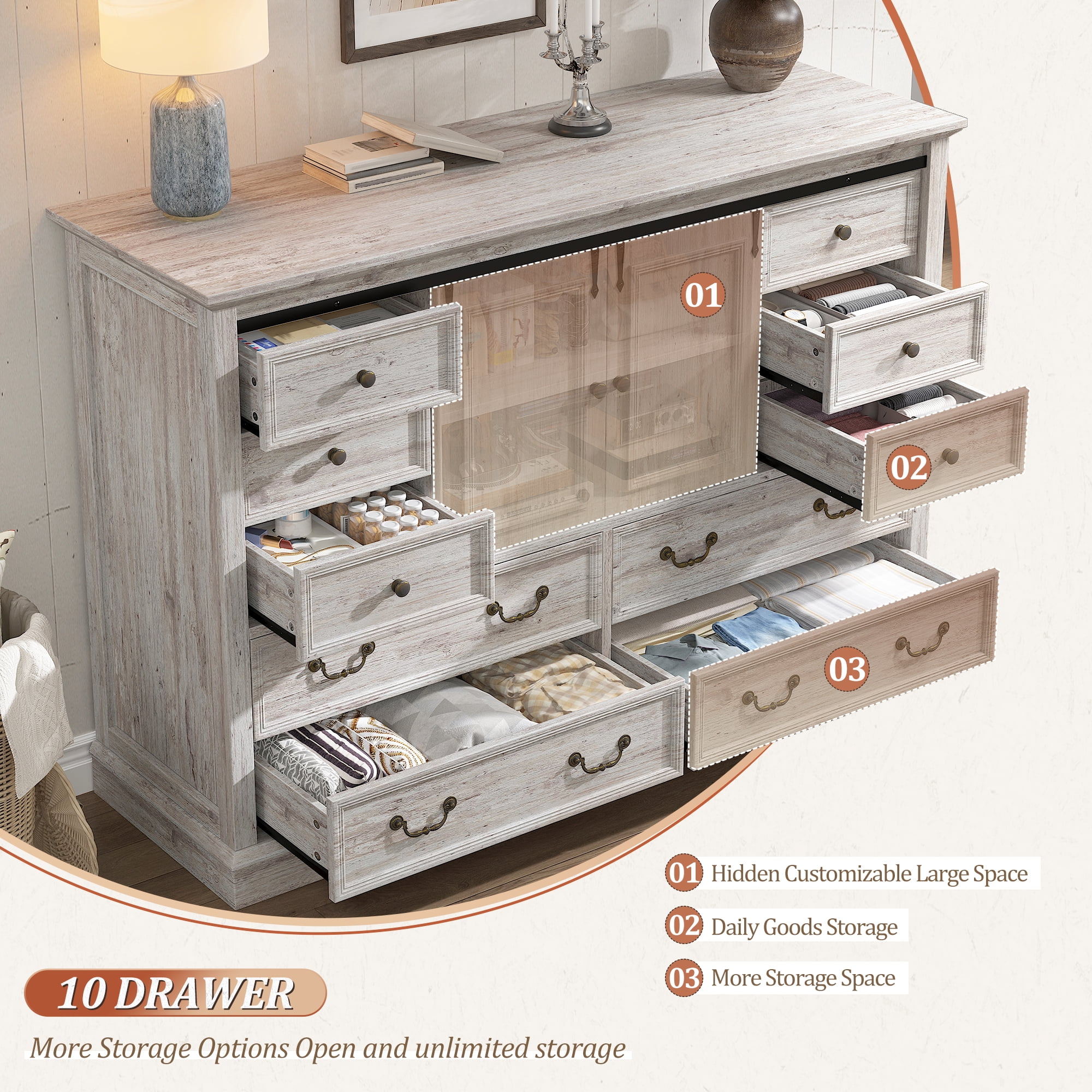 10 Drawers Dresser for Bedroom,Farmhouse Wood Dresser with Smoothly Sliding Barn Doors,Chest of Drawers 55" Wide TV Stands for Living Room,Hallway,Entryway ,Light Rustic Oak