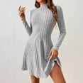 thumbnail image 6 of Women's Ribbed Knit Mini Dress - Basic Slim Fitted Mock Neck Long Sleeve A-Line Short Sweater Dresses, 6 of 9