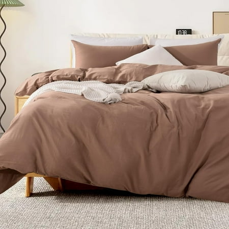

NEXHOME PRO Duvet Cover Set King Size Linen Look Organic Natural 100% Washed Cotton Duvet Cover Mocha Brown 3 Pieces Bedding Set with Zipper Closure Breathable (No Comforter)