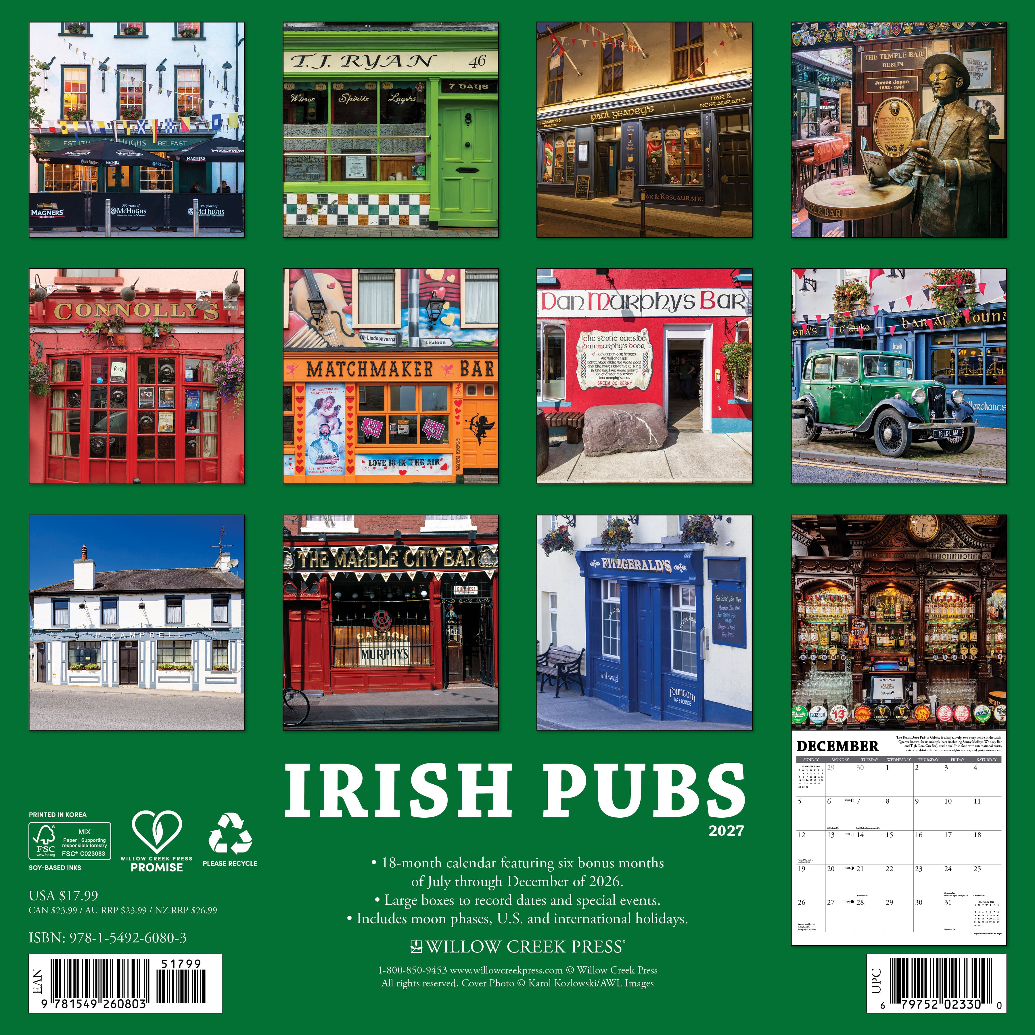 Willow Creek Press, Irish Pubs 2027 Wall Calendar