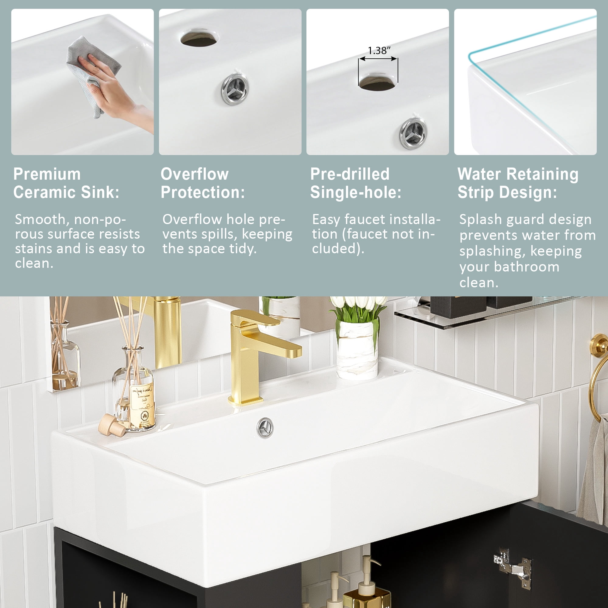 Euroco 21.6" Black Bathroom vanity, Combo Cabinet, Bathroom Storage Cabinet, Single Ceramic Sink, Left side storage