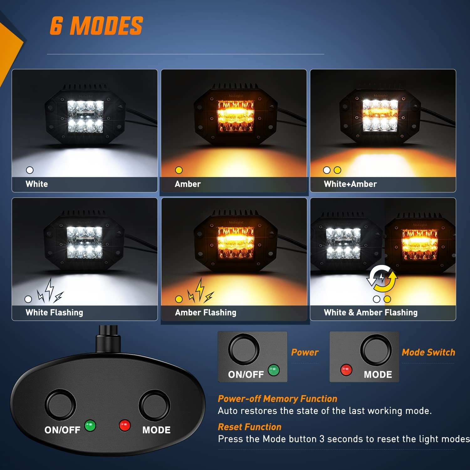 Nilight 2PCS 42W Light Pods Flush Mount Spot Flood Amber White Strobe 6 Modes Memory Function Off-Road Truck Car ATV SUV Cabin Boat with 16AWG Wiring Harness Kit-2 Leads, 2 Years Warranty