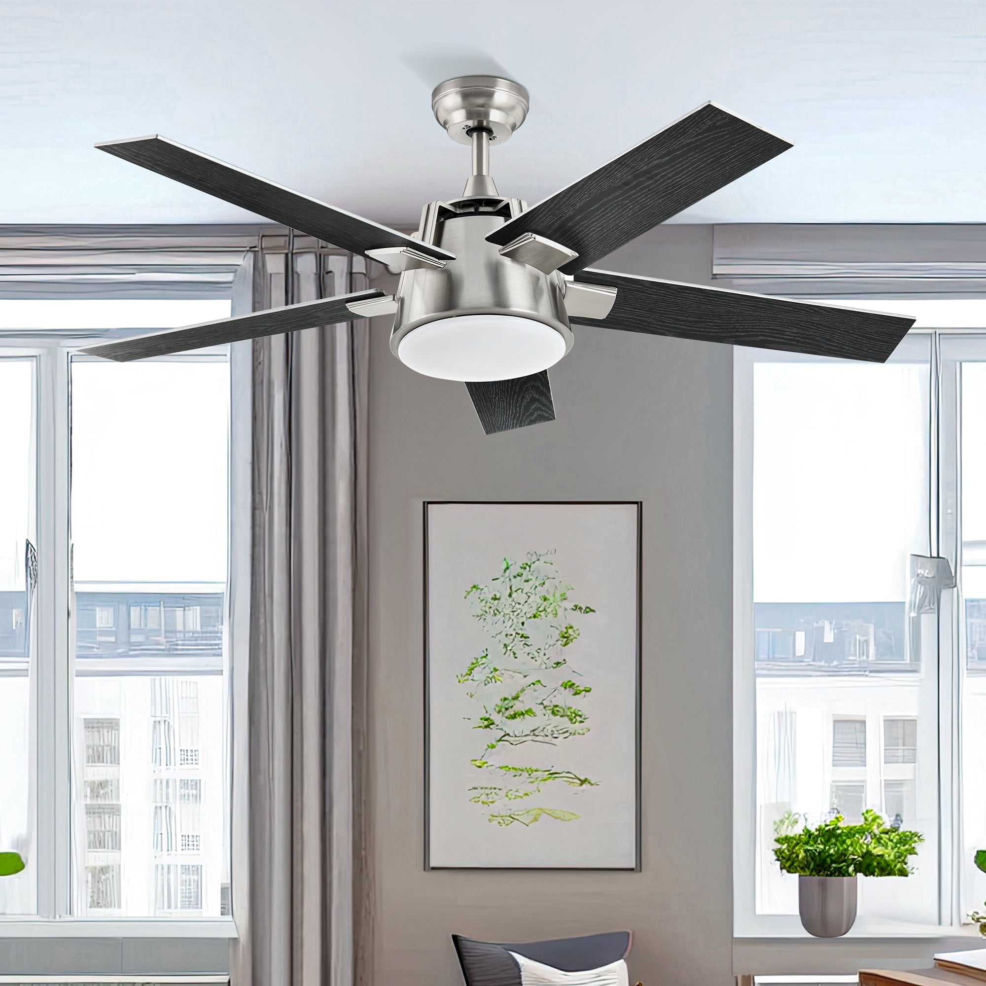 DEXTRUS 52in Modern Ceiling Fan with Light, Quiet Reversible Motor, Dimmable LED 3-Color, 6-Speed 5 Blades Memory Function for Bedroom Living Room Patio, Black