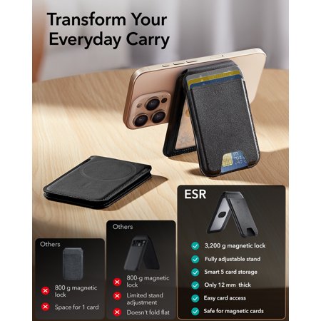 ESR MagSafe カードケース 5枚カード 角度調節可能スタンド付き iPhone用 スタンドウォレット iPhone 17/16/15/14/13/12シリーズ用 Mini非対応