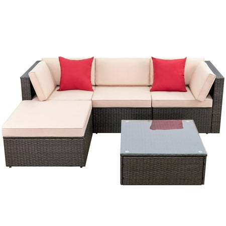 Wicker Sofa Set Outdoor Walnew 5 Pieces Patio Furniture Sets All-Weather Outdoor Sectional Sofa Manual Weaving Wicker Rattan Patio Conversation Set with Cushion and Glass Table (Brown) ()