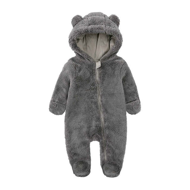 Body De Bebé Canastilla Onesies Para Niños Recién Nacidos Invierno Niñas Niños Ropa Cálida Orejas Lindas Dibujos Animados Cremallera Con Capucha Mamelucos Gris Oscuro Odeerbi LM103-3259